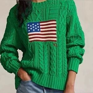 Polo Ralph Lauren Cable Knit Sweater Women’s Green Cotton USA American Flag XL